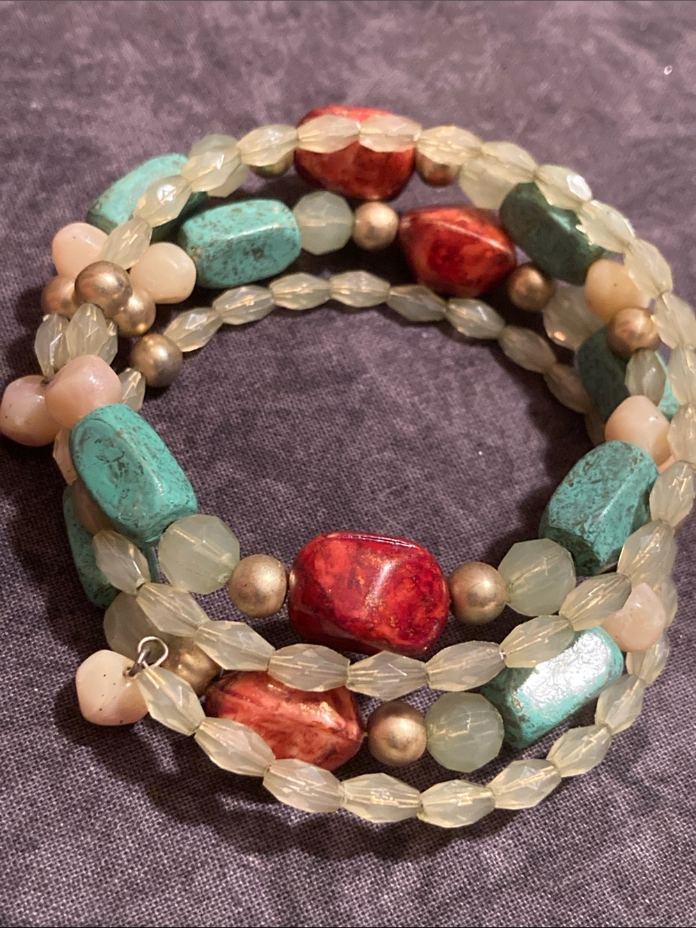 Beaded Multi-Color Wrap Bracelet with Turquoise Colored and Red Accents